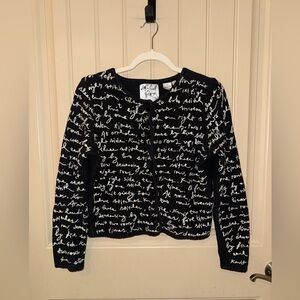 Vintage Michael Simon Black Knit Cardigan with White Script Embroidery Medium